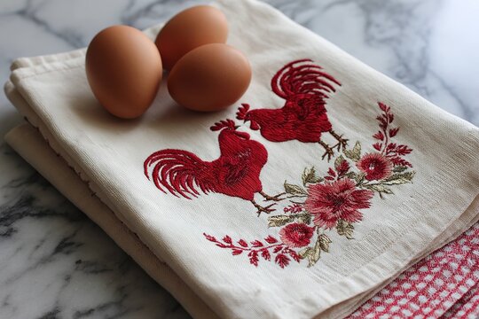 farmhouse kitchen towel set with embroidered roosters