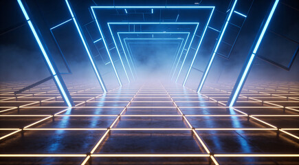 Obraz premium Endless holographic grid with glowing geometric lines receding into the horizon. Modern tech wallpaper