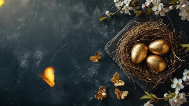 Golden eggs rest in a twig nest. Butterflies flutter near blossoms and dark stone. Soft light highlights shimmering surfaces. Nature's delicate beauty meets luxury. Peaceful stillness holds the scene
