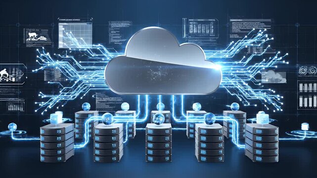 Digital illustration depicts cloud computing concept with servers, circuit board connections, and a cloud