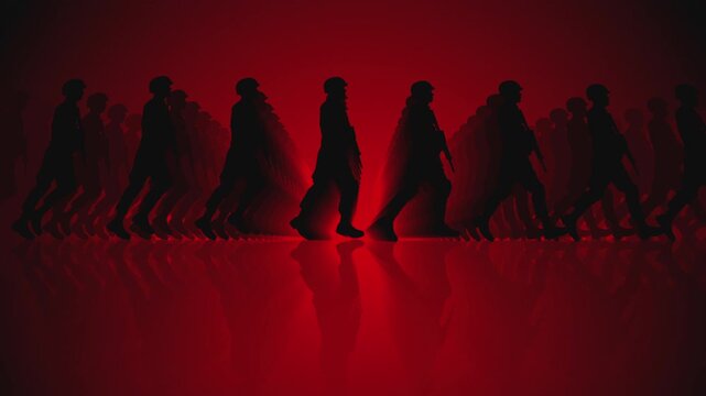 4k Seamless loop video of soldier silhouettes marching in unison for military and defense presentations