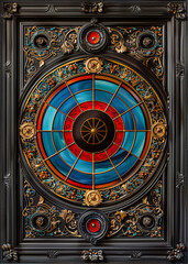 Obraz premium A stunning stained glass window with intricate designs and vibrant colors in a circular pattern surr
