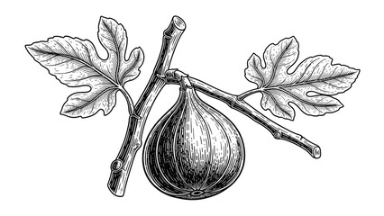 Vintage fig fruit engraving, antique botanical branch sketch and common fig illustration in woodcut style isolated