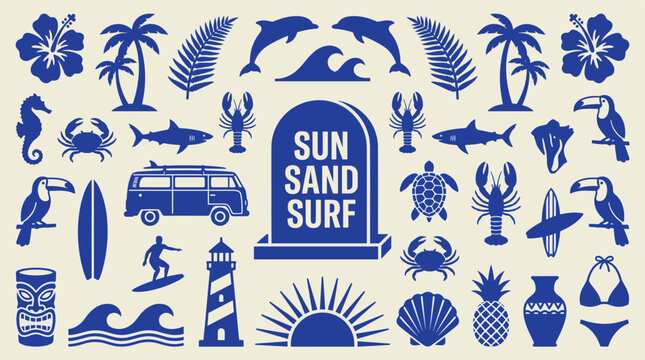 Tropical beach elements collection in bold silhouette style, palms, hibiscus, surfboards, marine life, and summer vibes