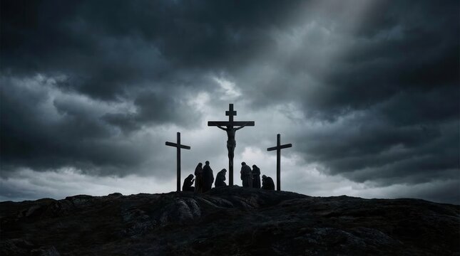 The Crucifixion of Jesus Christ on Golgotha under a dark and stormy sky.