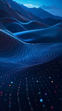 A surreal blue desert landscape with glowing particles and wavy dunes