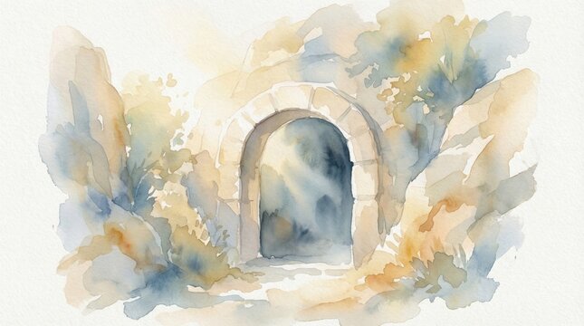 Watercolor illustration of the empty tomb of Jesus Christ on Easter