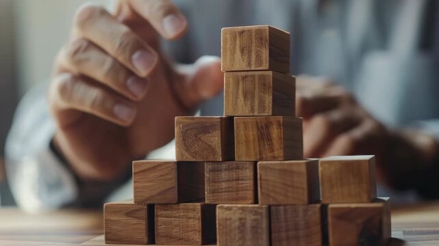 Hands stack wooden blocks with care and precision. Fingers gently place each block in a deliberate pattern. Stack grows tall, symbolizing thoughtful progress