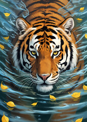 Obraz premium A tiger swimming in water with yellow leaves floating around its head and body in natural lighting c