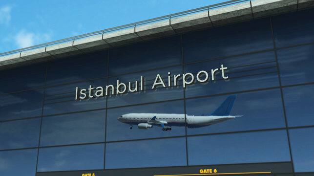 Airplane landing airport terminal arrival in Istanbul Turkey