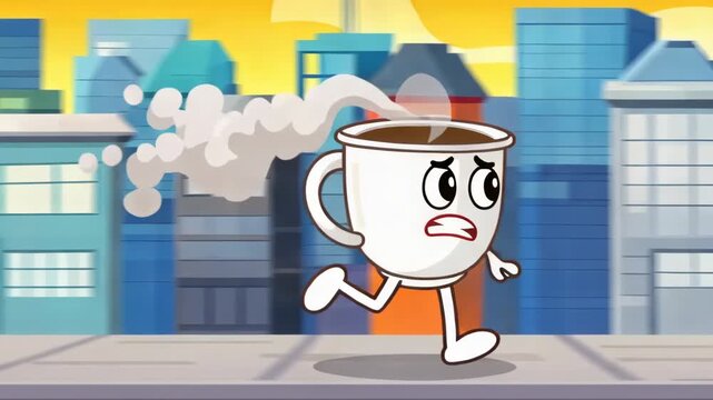 Animated coffee cup character running fast in city cartoon style background cartoon motion graphics