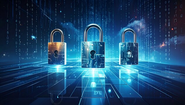 Digital security locks on a futuristic data background