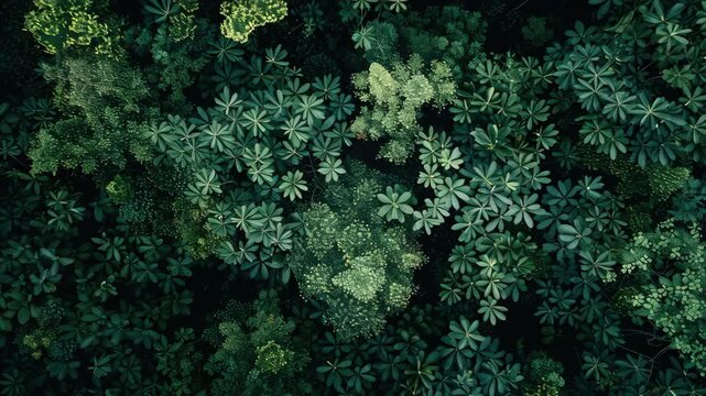 Dense forest canopy viewed from above. Fanned leaves form intricate green patterns. Soft light filters through tree tops. Shadows and highlights enhance texture depth