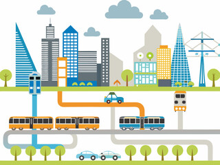 Fototapeta premium A colorful illustration depicting a modern cityscape with various transportation options