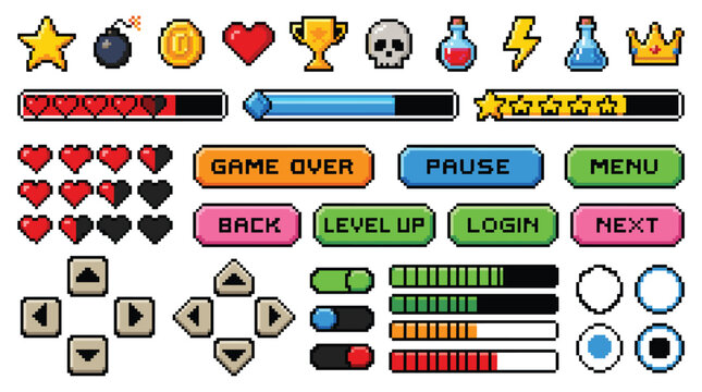 Retro gaming elements collection in pixel art style, hearts, stars, bombs, buttons, progress bars, and UI icons