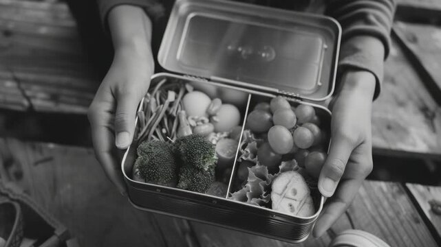 Hands hold open lunchbox with fresh vegetables. Greens and fruits divide neatly inside container. Metal lid rests open above compartment. Wooden surface shows natural texture beneath