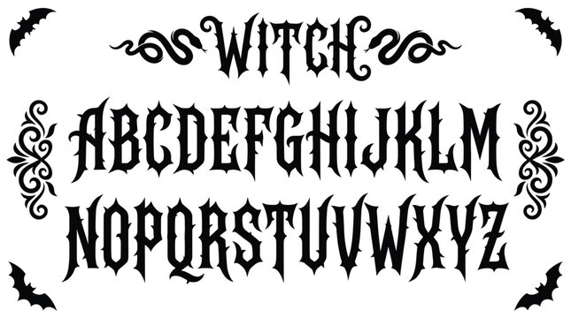 Halloween witch alphabet collection in gothic style, bats, swirls, flourishes, and spooky letters