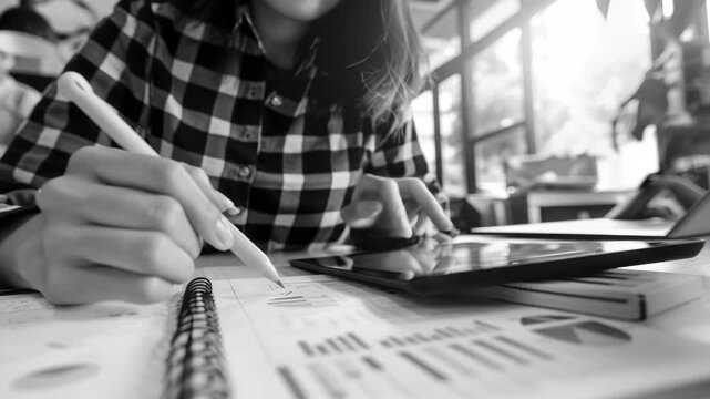 Person writes on graph paper with stylus. Hands hold tablet beside notebook. Black and white tone adds professional feel. Focused on financial or analytical tasks. Natural light illuminates workspace