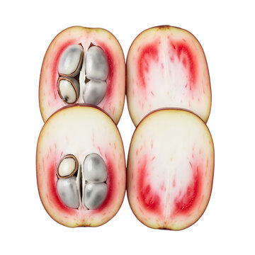 Fresh pulasan fruit slices cut open showing white and pink flesh with seeds on white background
