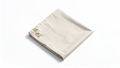 Folded linen cloth with botanical embroidery corner detail, on white background