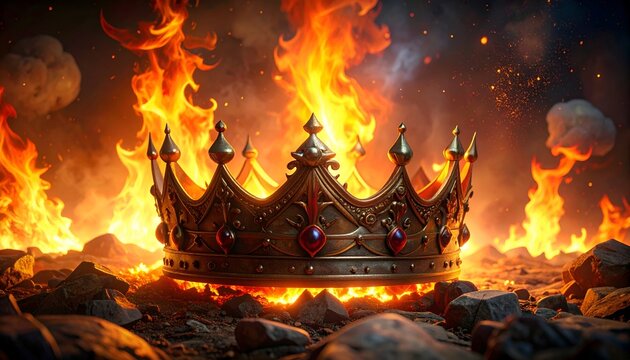 A royal crown rests amidst a fiery inferno on rocky terrain