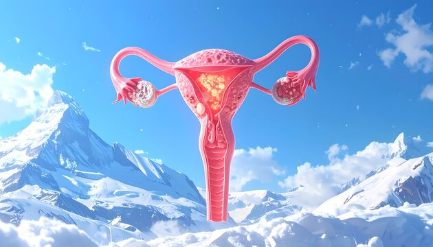 Anatomical female reproductive system against a backdrop of snowy mountains