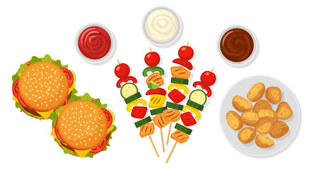 Hamburgers, skewers, and fried potatoes with dips.