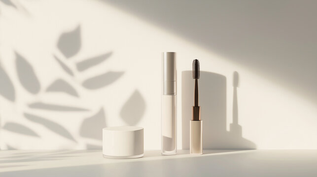 Minimalist beauty product display featuring a cream jar and mascara tube, casting soft shadows on a light background, creating an elegant and serene atmosphere for skincare and makeup