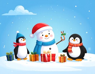 Fototapeta premium A snowman and penguins with gifts on snowy ground