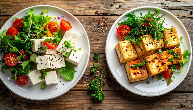 木製テーブルの白い皿に豆腐サラダと揚げ出し豆腐をミックスハーブとミニトマトで盛り付けた俯瞰ショット