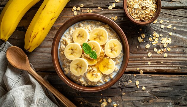 焦げ茶の木製テーブルに置いたオートミールとバナナとハチミツの高食物繊維朝食ボウルの俯瞰ショット