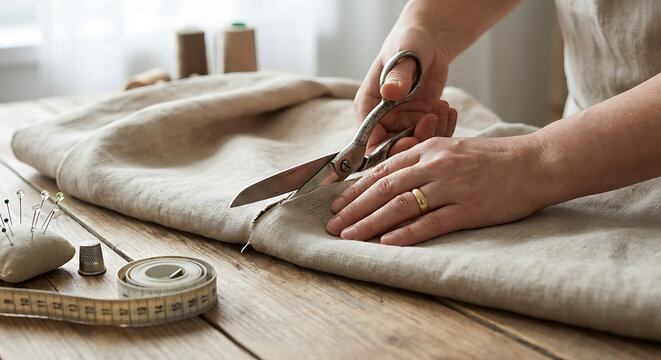 Close up of seamstress hands cutting neutral fabric with metal scissors on a wooden table with measuring tape and pins in a process focused tailoring microbusiness composition