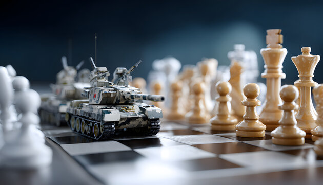 Military tank on a chessboard symbolizing geopolitical strategy, warfare, tactical planning, and international conflict