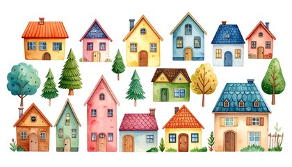 Fototapeta premium Watercolor painted row of cute, colorful, cartoonish houses and trees on a white background, in a whimsical style