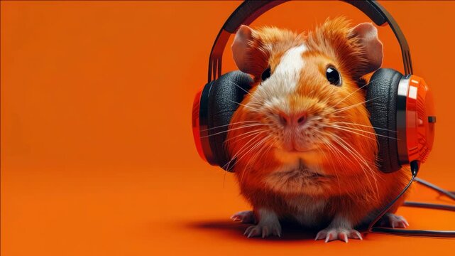 Orange background. Curious guinea pig. Wears headphones. Stares directly. Furry, expressive. Cute, charming. Ideal for music or tech themes