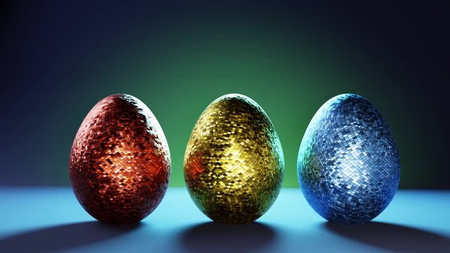 Three glittering Easter eggs covered in sequins slowly rotate on a holiday background in a seamless loop.