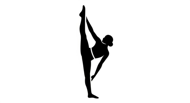 A gymnast performs a one-legged balancing pose in a graceful silhouette against a simple background from a side viewpoint