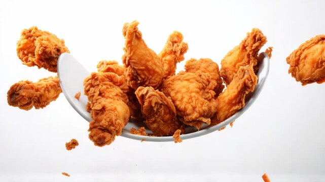 Golden fried chicken pieces cascade from a spoon. Crispy, textured shells burst with motion. Dust of breading scatters in slow-motion clarity. Flicker of movement against pure white background