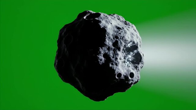 A dark, textured asteroid floats against a bright green gradient background