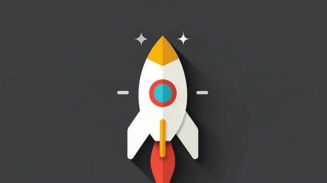 White rocket with red flame and yellow accents. Starry background with soft glow effect. Long shadow adds depth and dimension. Centered composition, clean design