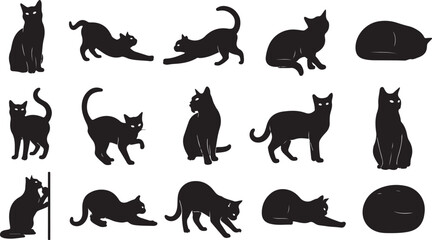 Set of 14 black cat silhouettes vector