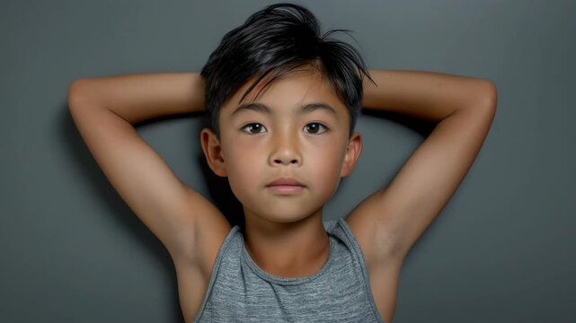 Young boy rests hands behind his head. Gray background frames his calm expression. He wears a simple gray tank top. Gaze meets the viewer directly. Neutral pose exudes quiet confidence