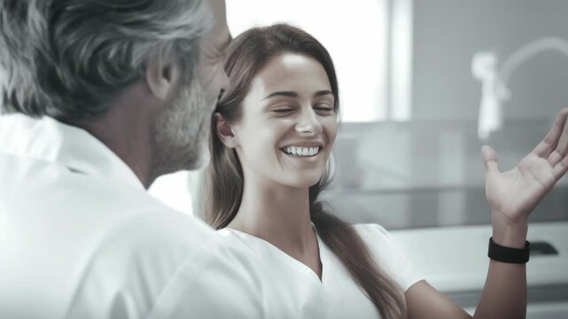 Warm smile meets gentle gaze in quiet moment. Medical staff shares calm, trusting interaction. Soft lighting highlights human connection. Focus remains on emotional exchange, not equipment