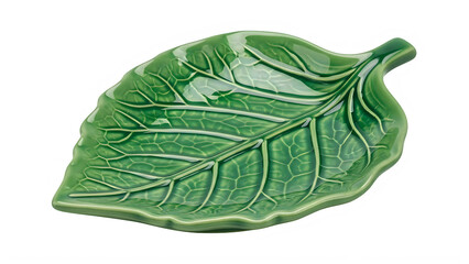 Naklejka premium Green leaf shaped ceramic dish with detailed veins on transparent background