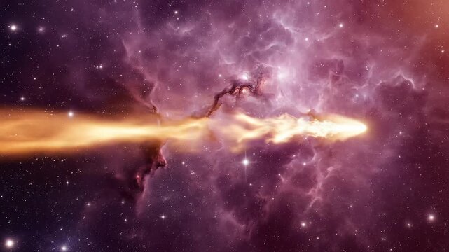 A blazing fiery comet or asteroid hurtles through a vibrant deep space nebula filled with countless stars.
