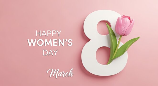 Happy women's day celebration with pink tulip and number eight