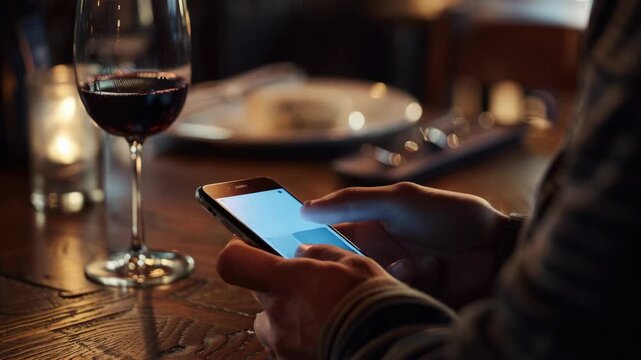 Dimly lit table holds wine glass and phone. Hands tap screen, fingers steady and focused. Soft candlelight glows in background. Wooden surface shows warm, textured grain