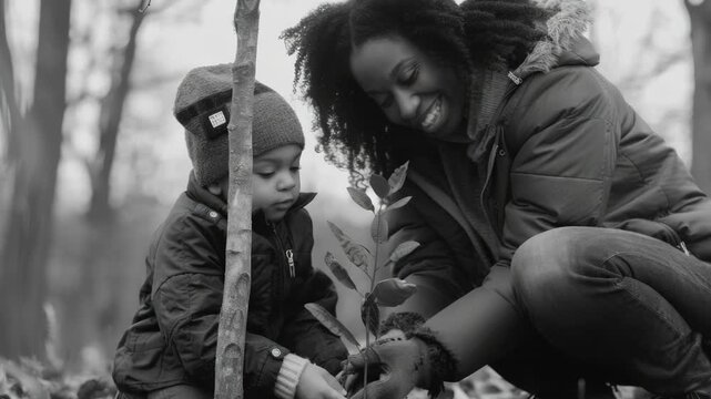 Mother and child plant a small sapling together. Black-and-white filter adds timeless, gentle mood. Child's focused gaze shows curiosity and care. Mother smiles warmly, supporting the child's effort