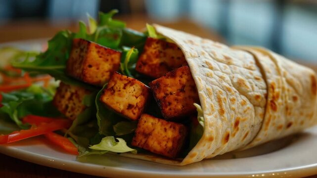 Tender tofu cubes nestled in fresh greens. Crisp tortilla wrapped with care and warmth. Bright, inviting meal on a simple plate. Natural light highlights every texture and color. Delicious, wholesome