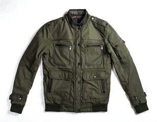 Olive green casual bomber jacket with multiple pockets in studio setting for fashion use